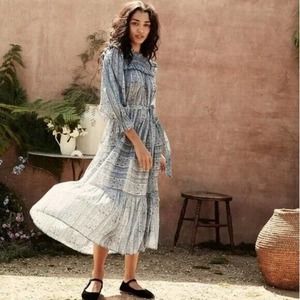 Doen Blue Tiered Tie Front Midi Dress